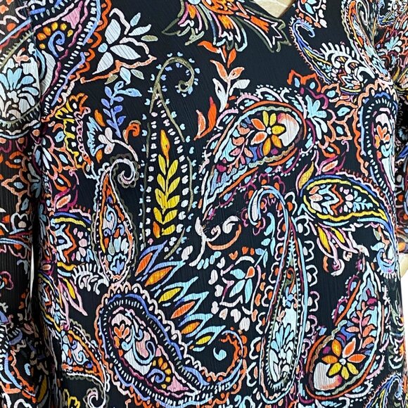 Calvin Klein Paisley/Floral Chiffon Shift Dress Ruffle Bell Sleeves Sz 2 #311M - Picture 5 of 8